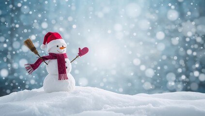 Happy snowman with broom in winter snowfall