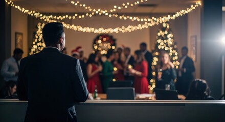 Rear view of a professional man in a suit observing a festive corporate holiday party with Christmas decorations and diverse colleagues socializing.