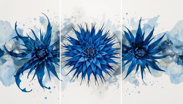 Blue Puya Rosette Ink-Foil Triptych with Spiky Leaves and Mist Splashes