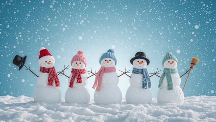 Happy Snowmen Standing in Winter Snowfall