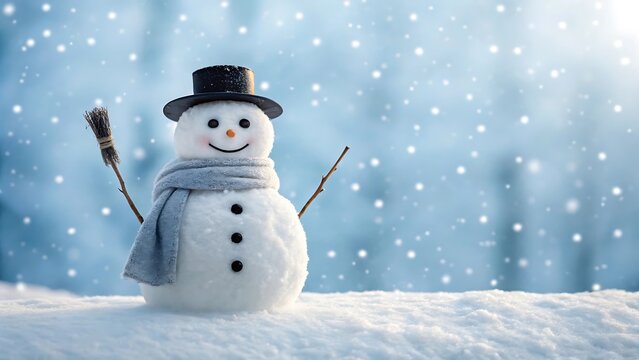 Happy Snowman with Top Hat and Scarf in Snowy Weather