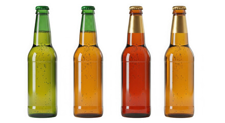 Four beer bottles of different colors isolated on transparent background