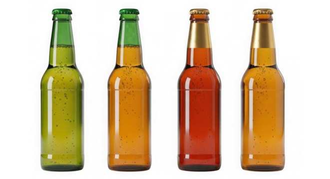 Four beer bottles of different colors isolated on transparent background