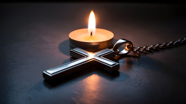 Christian cross necklace with candle light faith hope religion spiritual symbol still life photography - Powered by Adobe