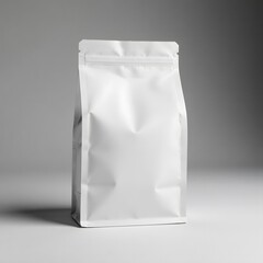 A plain white stand-up pouch bag standing upright on a smooth, neutral gray surface.