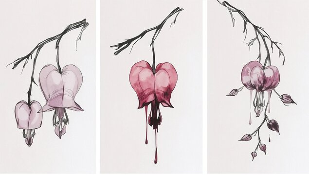 Bleeding Heart Vine Ink-Splash Triptych with Dripping Central Bloom