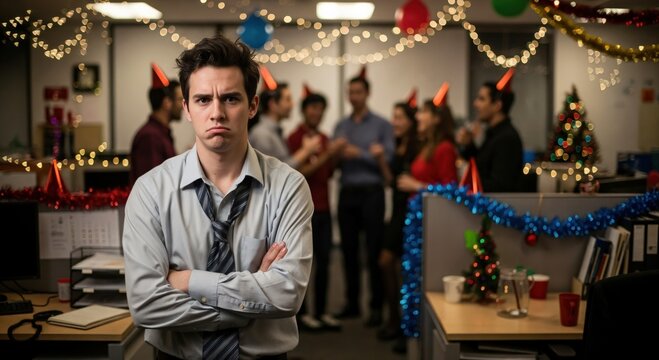 Unhappy young Caucasian man with arms crossed looking grumpy at an office Christmas holiday party while colleagues celebrate in the background