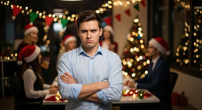 Unhappy Young Caucasian Man Pouting at an Office Christmas Holiday Party with Festive Decorations and Colleagues in Santa Hats