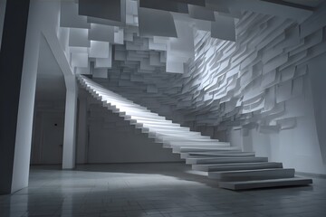 A modern white staircase ascends beneath suspended geometric panels in a minimalist interior space.