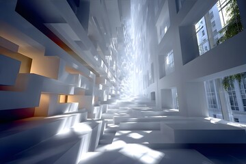 Sunlight filters through geometric white structures in a futuristic interior corridor.