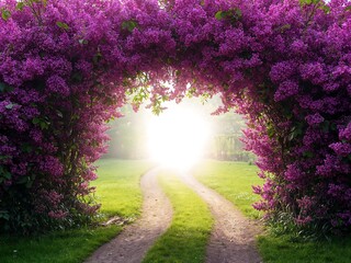 Pathway under floral archway blooming purple flowers