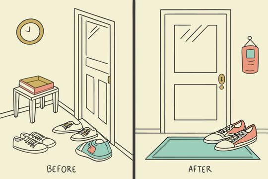 Organized entryway transformation showing before and after of clutter removal, offering a clean, minimalist home lifestyle for a fresh interior design