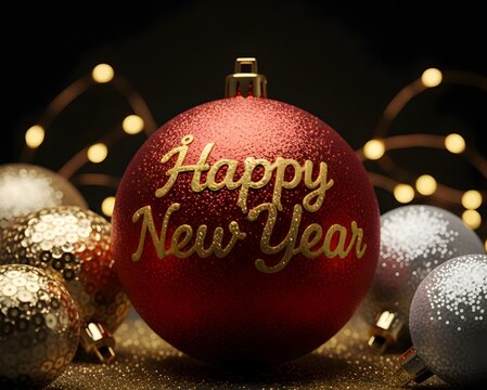 A beautifully arranged New Year themed scene featuring a prominent red ornament inscribed with "Happy New Year" in elegant gold lettering. Happy New Year.
