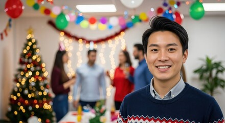 Smiling Young Adult Asian Man in Festive Sweater at a Lively Holiday Party with Friends and Christmas Decorations