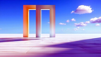 A minimalist, abstract scene featuring a modern architectural element with geometric forms casting shadows on a flat, white surface under a vibrant blue sky wit