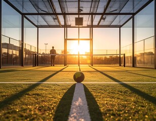 Golden hour glow illuminates a padel tennis court, with a player's silhouette against the vibrant sunset, as a yellow ball awaits the start of an exciting match on the green turf