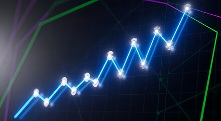A glowing blue line graph representing financial growth and positive market trends against a dark background with abstract shapes.