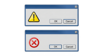 Error and warning message boxes isolated on transparent background