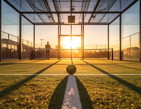 Golden hour glow illuminates a padel tennis court, with a player's silhouette against the vibrant sunset, as a yellow ball awaits the start of an exciting match on the green turf
