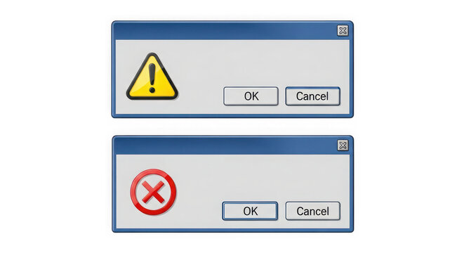 Error and warning message boxes isolated on transparent background