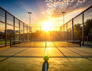 Golden hour light bathes an outdoor racquet sport court in a warm glow, with a single yellow ball poised on the service line, symbolizing the dawn of a new game or an invigorating practice session
