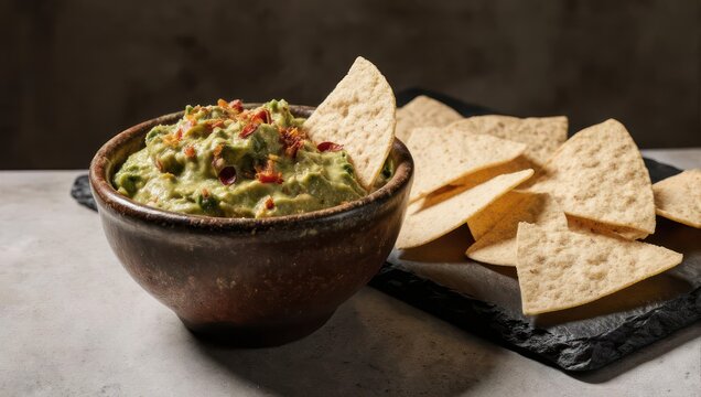 Authentic Mexican guacamole in a rustic bowl with corn tortilla chips for dipping.