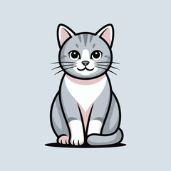 Cute cartoon illustration of a sitting gray and white cat