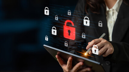 Digital security concept illustrating a cybersecurity breach, with a red unlocked padlock indicating data exposure among secure systems, emphasizing system vulnerability and risk Latch