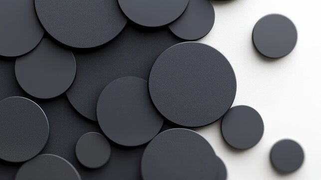 A collection of dark gray circles of varying sizes are arranged in a dynamic pattern against a clean white background, creating a modern and abstract compositio