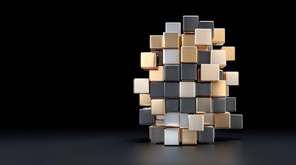 A dynamic cluster of metallic cubes in gold, silver, and dark gray is arranged in a seemingly random yet balanced structure on a dark surface.