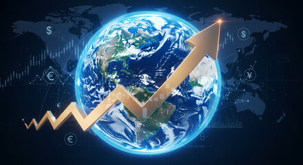 A golden arrow pointing upwards symbolizes global economic growth, with the Earth and financial charts in the background, representing financial markets.