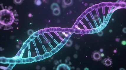 A luminous DNA double helix strand with a blue and purple gradient surrounded by floating virus cells. - Powered by Adobe