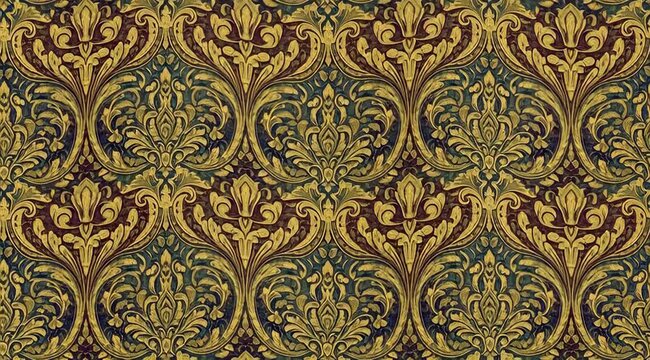 Elegant vintage ornamental damask pattern with intricate gold and dark floral accents, perfect for