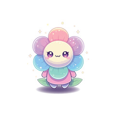 Fototapeta premium A charming kawaii flower character with sparkling eyes and colorful pastel petals. This cute and magical illustrated mascot has a happy expression