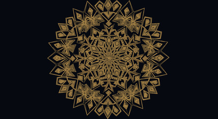 Intricate golden mandala design against a dark background, showcasing detailed geometric patterns.