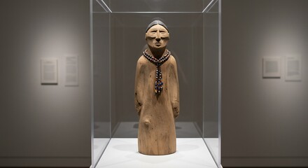 Wooden figure inside glass display case with a beaded necklace in a museum setting