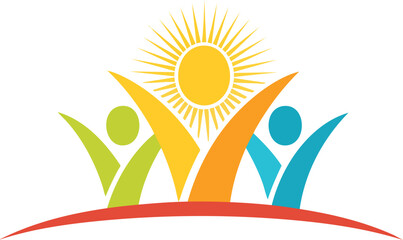 Vibrant Community Flourishing: A dynamic illustration depicts interconnected figures reaching for a radiant sun, symbolizing growth and unity. It conveys a message of harmony.