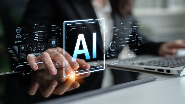 A futuristic user interface for business intelligence. This advanced AI dashboard displays complex data analysis, charts, and graphs for strategic corporate insights. Fermion