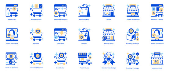 Online Shopping Icon Set Line Icons, Outline Symbols for Digital Purchasing, Product Browsing, Ecommerce Transactions, Customer Checkout, and Retail Operations. Vector Sign Collection.