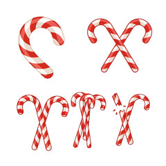A collection of red and white striped candy canes in various arrangements, including single, crossed, grouped, and broken pieces, on a white background.