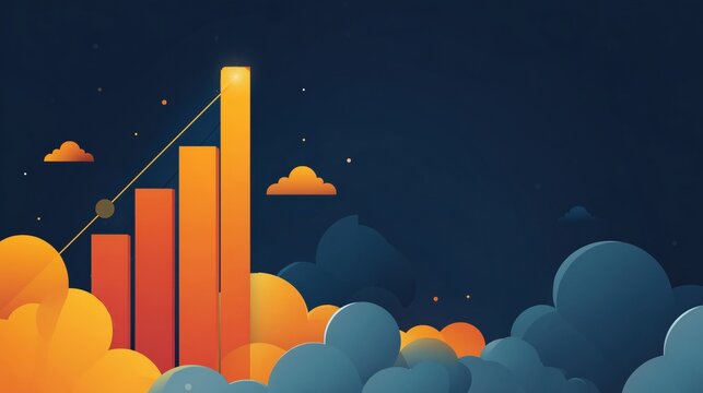 Stylized business illustration of an orange bar chart rising upwards through clouds against a dark blue sky. Symbolizes growth, success, and achievement - Powered by Adobe