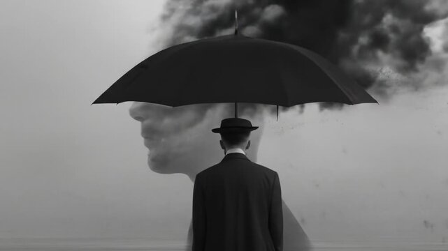 Man with umbrella stands before a cloudy face in a monochrome composition