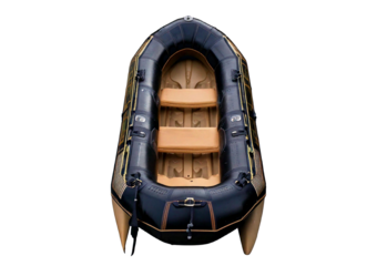 Black and tan inflatable boat isolated on transparent or white background