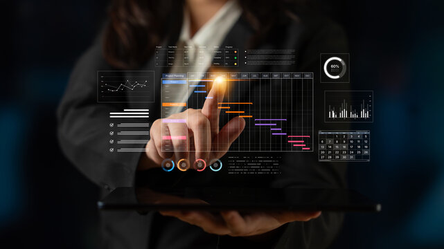 A project management dashboard for business. The interface features a Gantt chart to visualize the project timeline, task scheduling, and overall progress for efficient workflow. Fermion