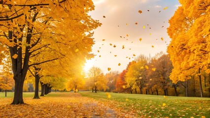 Autumn trees in park with falling leaves