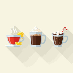 A collection of three hot winter drinks: tea with lemon, coffee with whipped cream, and hot chocolate with marshmallows in a flat design style.