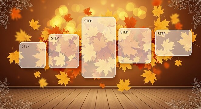 An autumn-themed presentation template with steps, leaves, and a warm background.