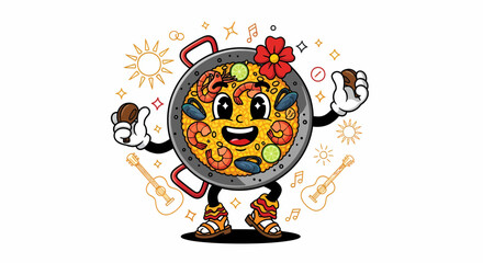 Happy Paella Pan Cartoon Character Dancing with Castanets.