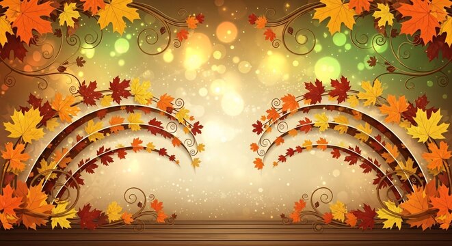 Autumnal scene featuring decorative maple leaves and a warm, glowing background.
