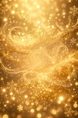 Bright golden glitter background with swirling light particles and snowflakes, creating a luxurious festive backdrop ideal for Christmas and New Year designs.